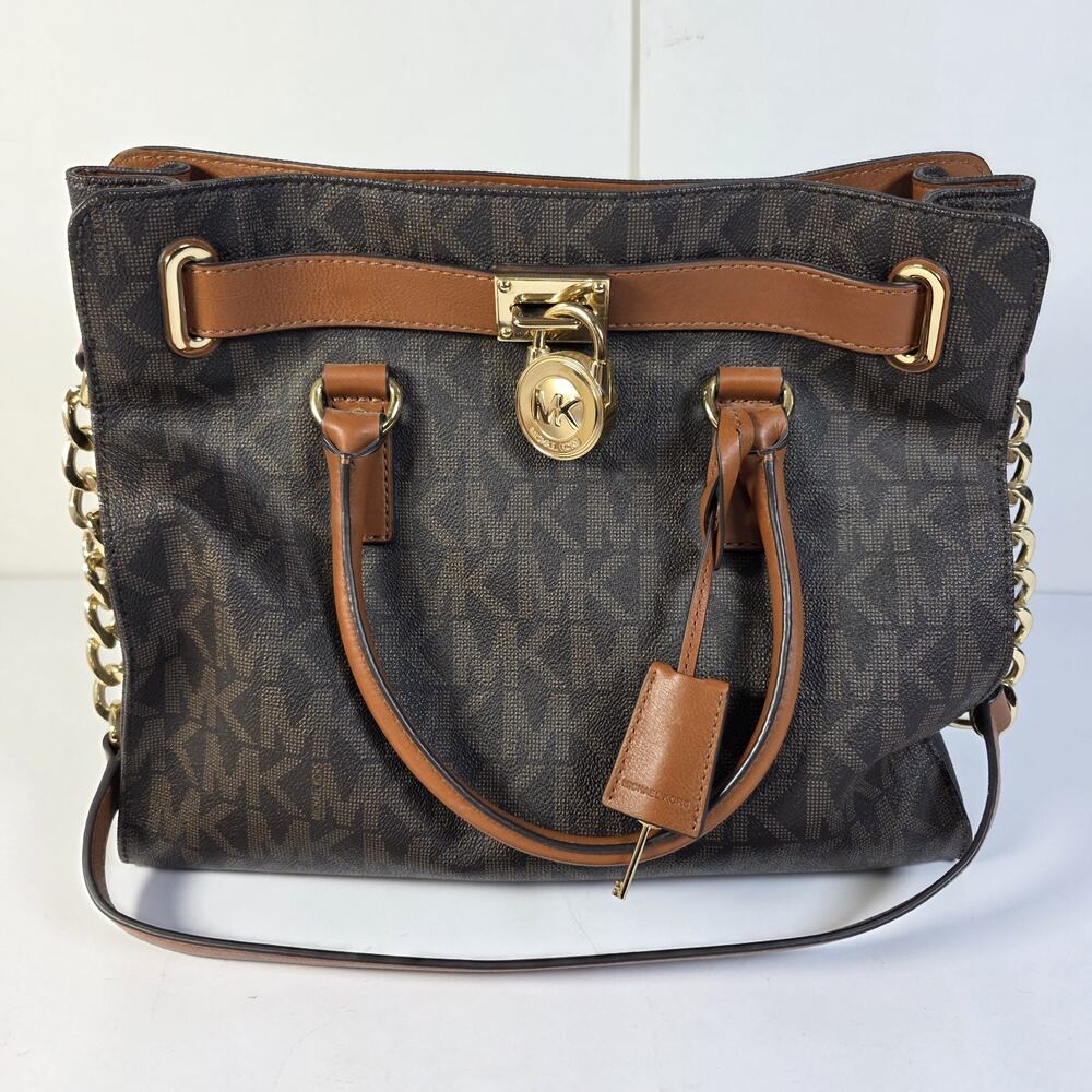 Michael Kors Hamilton Legacy Large Logo Satchel Bag Brown Acorn Gold MK Tote